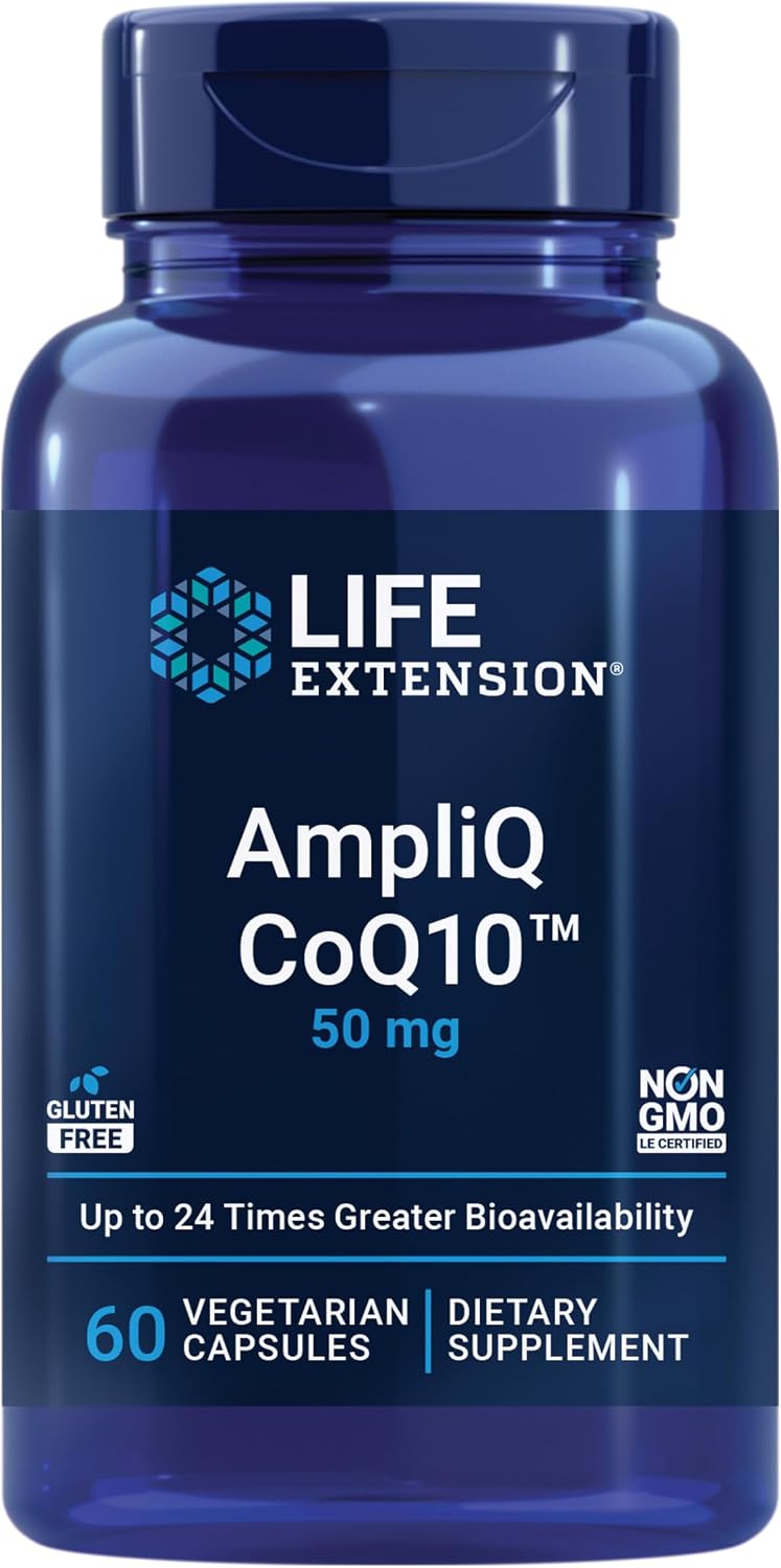 Life Extension AmpliQ CoQ10, Heart Health, Kidney and Liver Health, ubiquinone 50 mg, Advanced Formula, Gluten Free, Non-GMO, Vegetarian, 60 Capsules