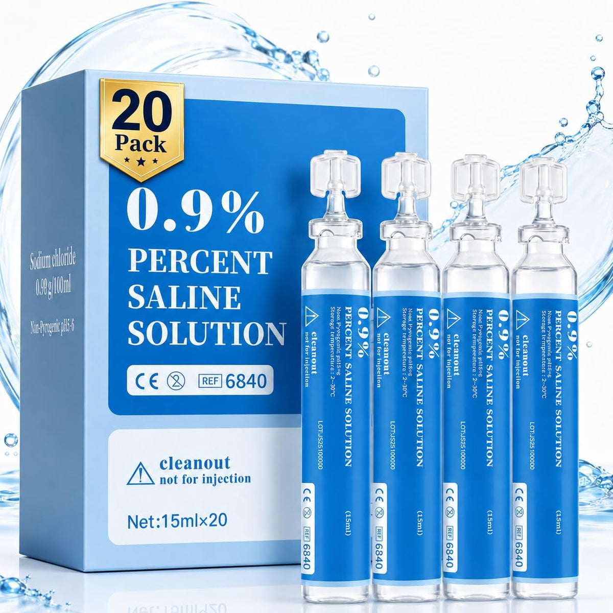 Saline Solution, 0.9% Sodium Chloride, 20 Pack 15mL Single-Use Vials for Nasal Rinse, Wound Wash, Skin Cleansing, Ready-to-Use Saline Water for Daily Care