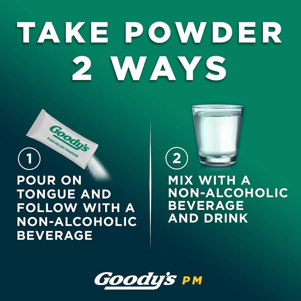 Goody's PM Nighttime Powder, Pain Reliever & Sleep Aid, 16 Count | Fast Pain Relief, Dual Action with Acetaminophen & Diphenhydramine, Headache Relief, Caffeine-Free, Unflavored, Dissolve Pack