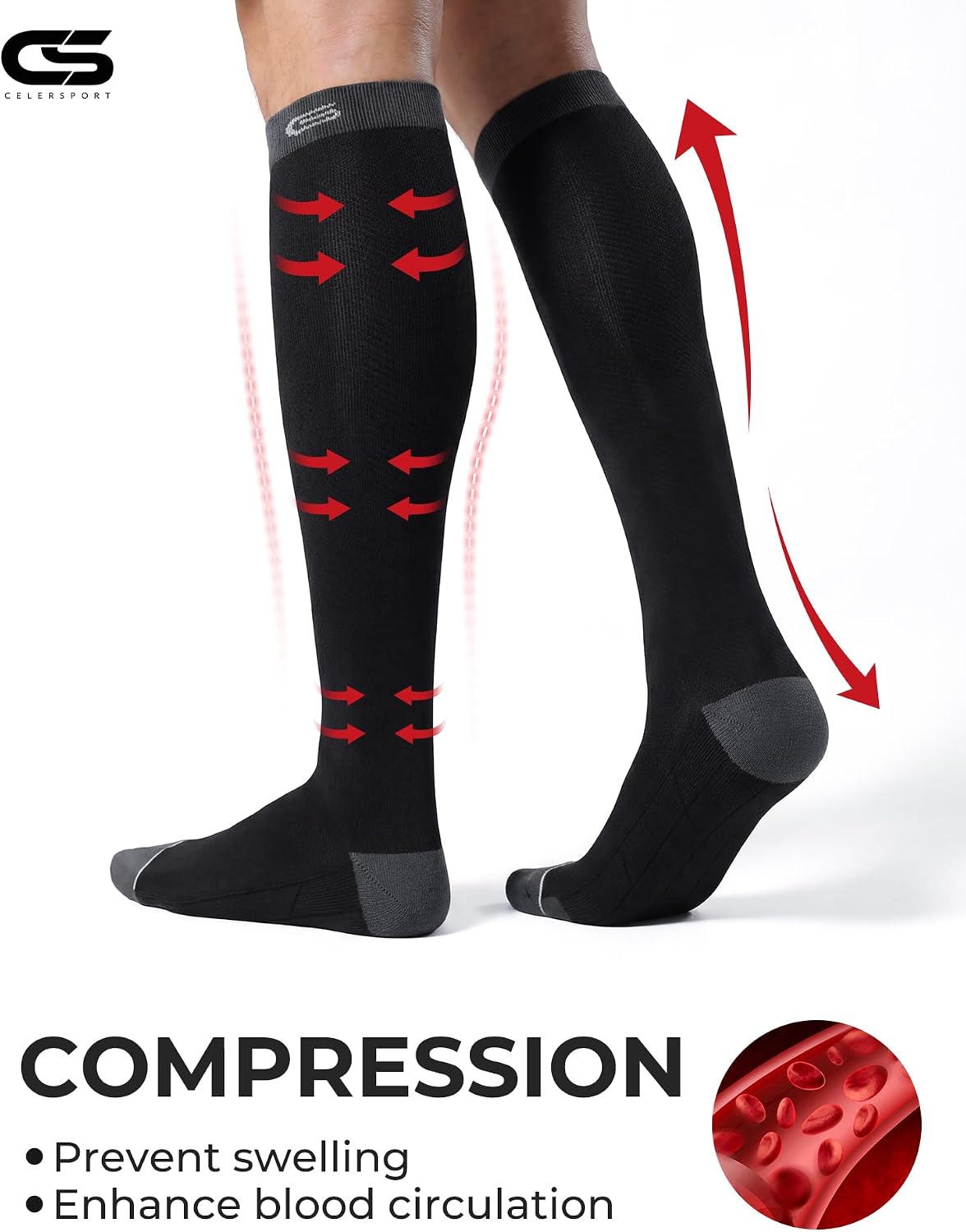 CS CELERSPORT Compression Socks for Men Women 20-30mmHg Running 3 Pairs | Breathable Knee High Circulation Support Socks for Travel, Pregnant, Nurses, Athletic, Daily Stand