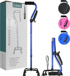 Stand Assist Walking Cane for Seniors - Foldable Adjustable Quad Cane with Second Handle for Leverage, Self Standing Walking Stick with 4-Pronged Base for Stability and Surgery Recovery