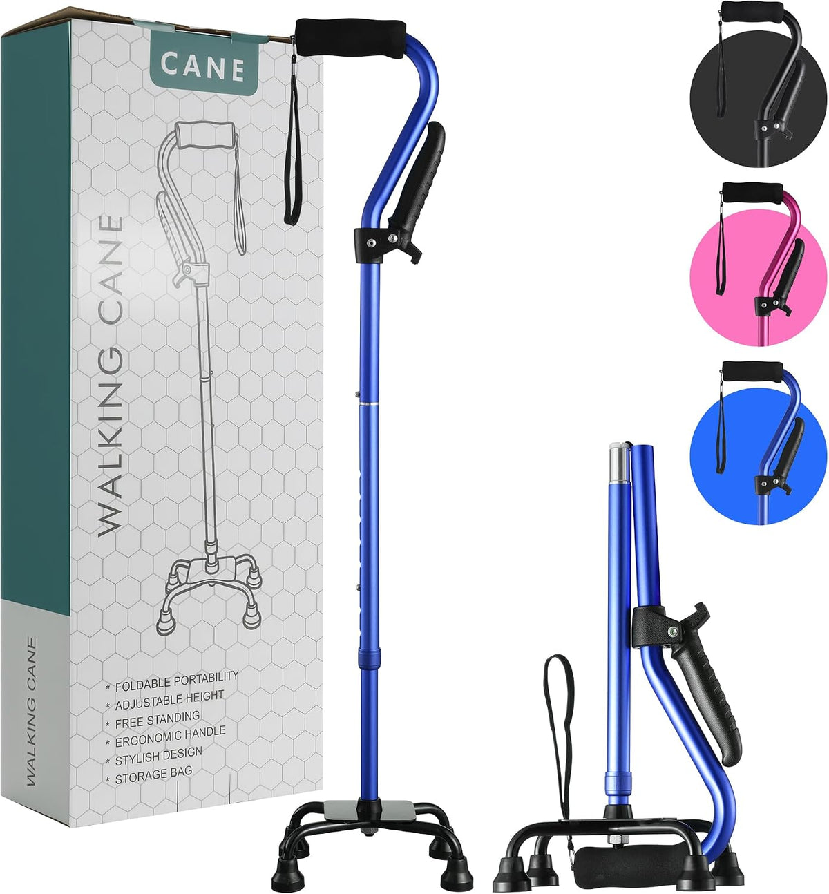 Stand Assist Walking Cane for Seniors - Foldable Adjustable Quad Cane with Second Handle for Leverage, Self Standing Walking Stick with 4-Pronged Base for Stability and Surgery Recovery