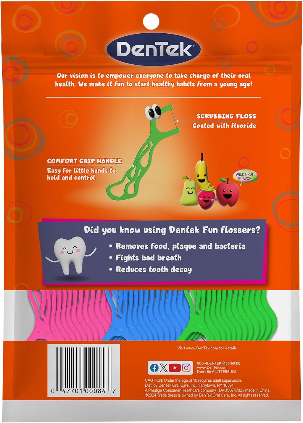 Dentek Floss Picks, Kids Flossers, Wild Fruit Flavor, 90 Count | Remove Food & Plaque, Designed for Kids', For Tight Teeth & Small Hands, Fun Flossers, Kid-Friendly Dental Floss