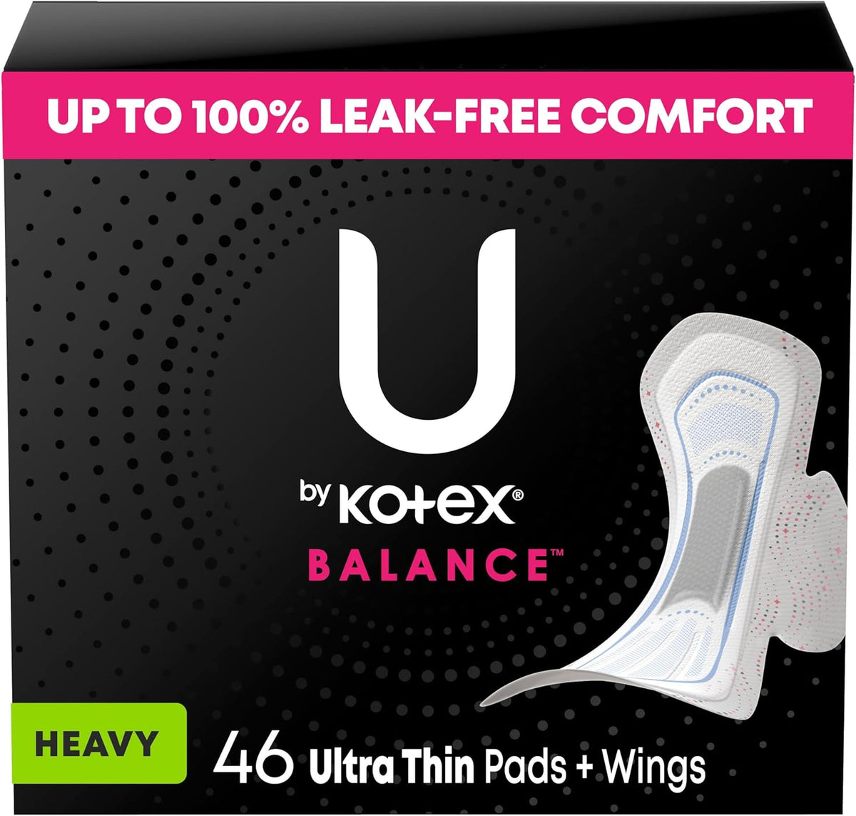 U by Kotex Balance Ultra Thin Pads with Wings, Heavy Absorbency, 46 Count (Packaging May Vary)