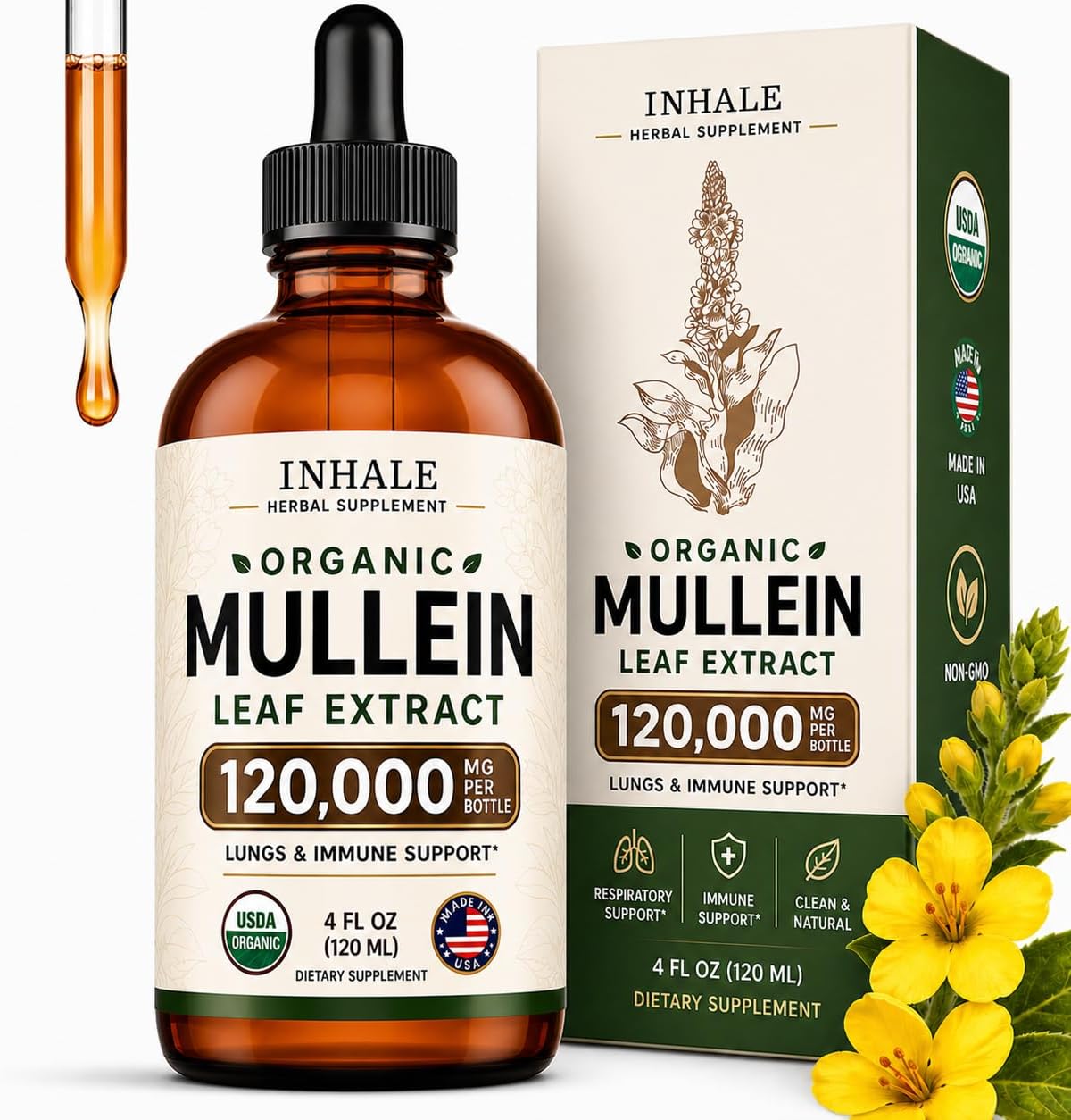 Mullein Drops for Lungs – USDA Organic Mullein Leaf Extract for Lungs & Bronchial Cleanse - Mucus Relief & Lung Detox - for Smokers & Allergy Sufferers - Made in USA - 4oz Tincture