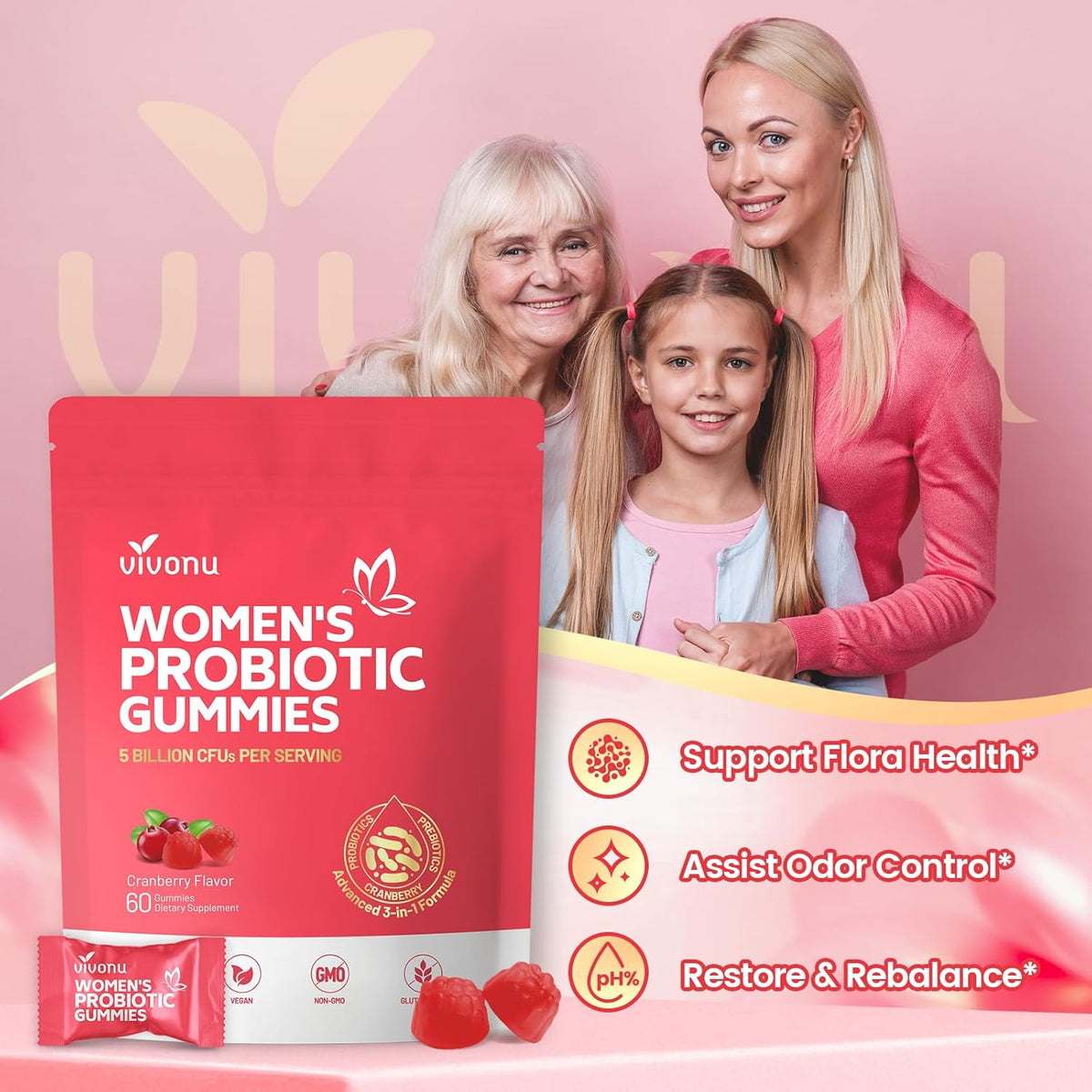 VivoNu Vaginal Women Probiotic, Feminine Balance pH Gummies for Healthy Odor, Yeast Balance & Flora + Vitamin C for Immune Support -Cranberry Probiotics
