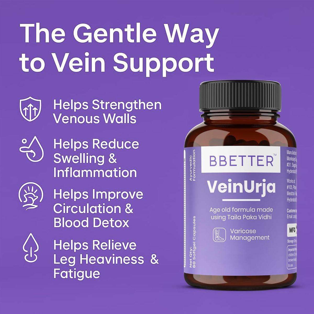BBETTER VeinUrja Varicose Vein Support | Ayurvedic Supplement for Leg Swelling, Heaviness & Pain Relief | Natural Circulation & Vein Health Formula | 60 Softgels