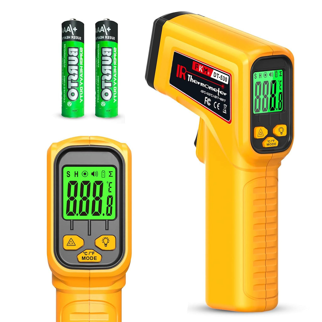 FKM Infrared Thermometer Gun Non-Contact Laser Temperature Gun,-58°F~986°F | Adjustable Emissivity,Digital IR Thermometer Gun for Cooking,Griddle,Pizza Oven,BBQ,HVAC,Automotive,Industrial,Not for Human