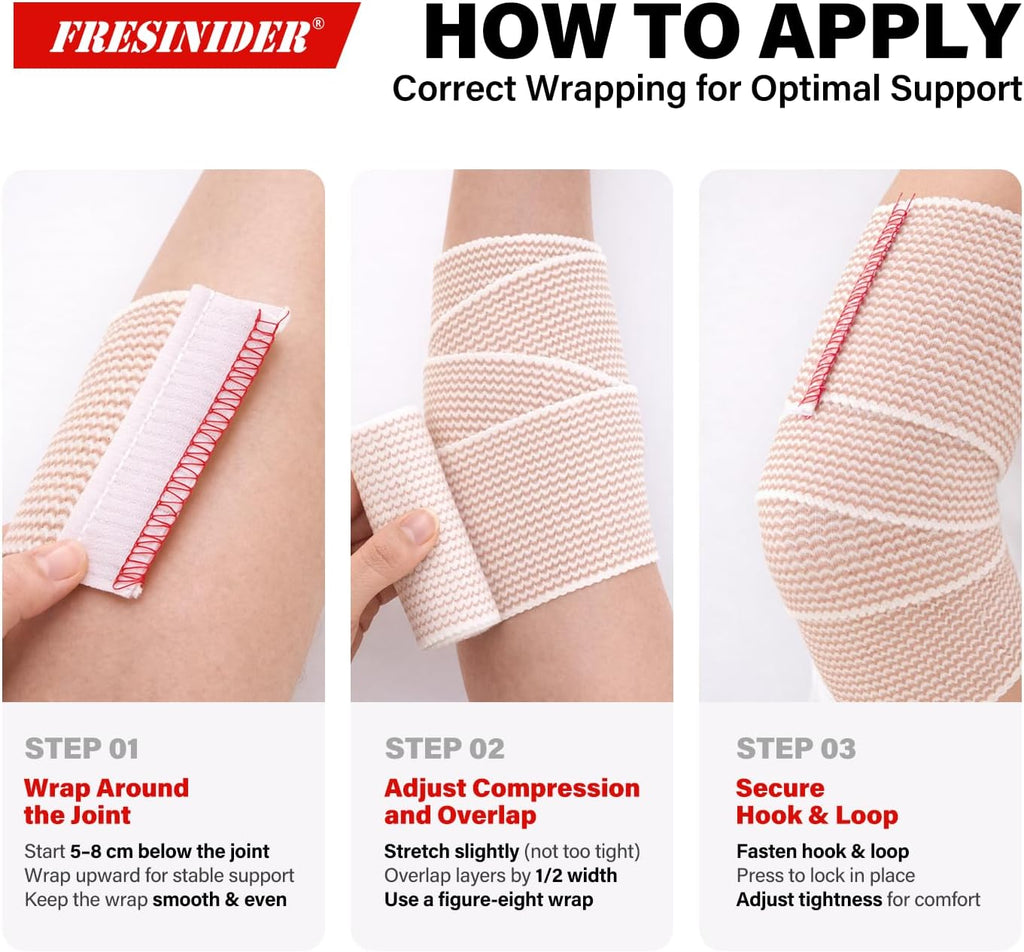 FRESINIDER Premium Elastic Bandage Wrap 5 Inch, 6 Pack, Hook and Loop | Wide 5-Inch Cotton Compression Wrap for Knee, Shoulder and Thigh; Firm Support for Sprains, Swelling and Sports Recovery.