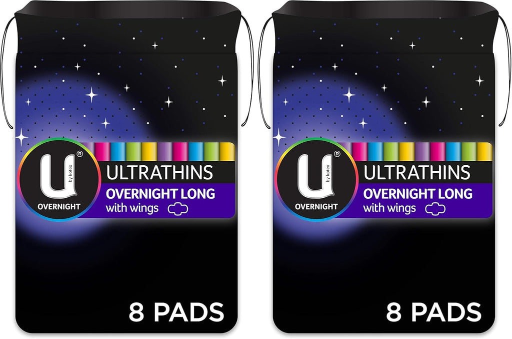 U by Kotex Ultrathin Overnight Long Pads with Wings, Long, 8 Count (Pack of 2)