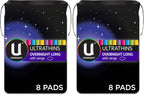 U by Kotex Ultrathin Overnight Long Pads with Wings, Long, 8 Count (Pack of 2)