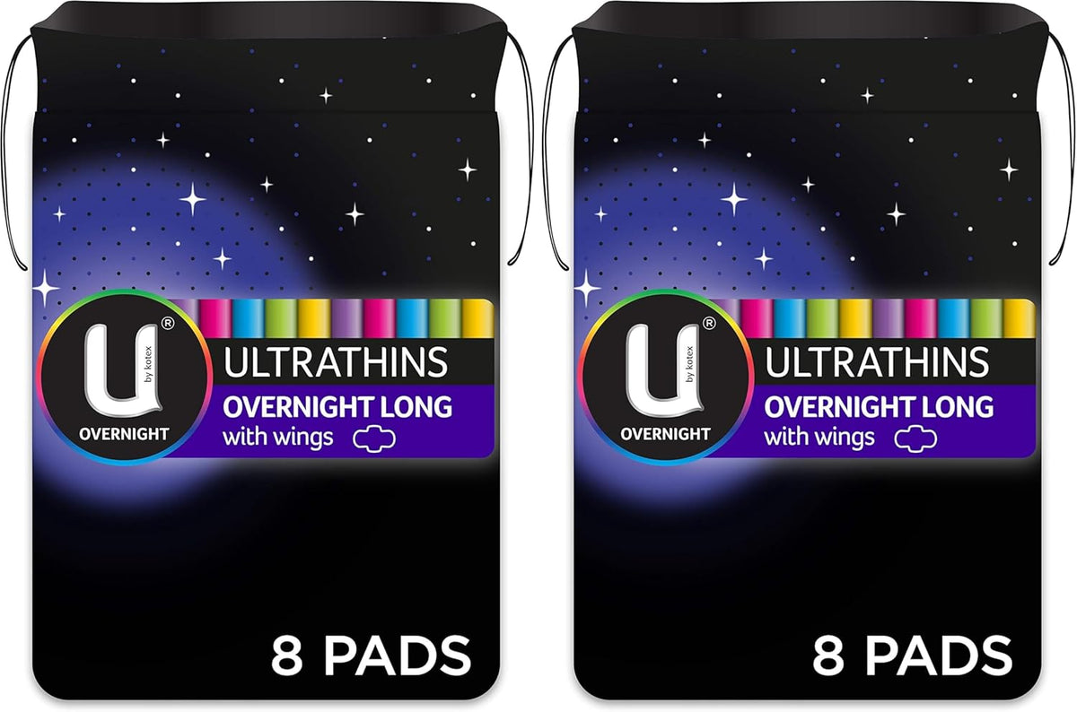 U by Kotex Ultrathin Overnight Long Pads with Wings, Long, 8 Count (Pack of 2)