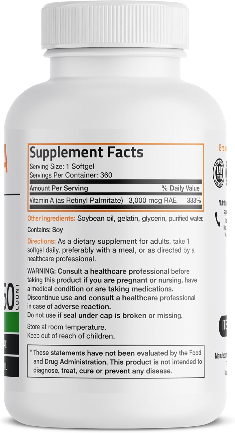 Bronson Vitamin A 10,000 IU Healthy Vision and Immune Support, 360 Softgels | Vitamin A Palmitate, Once-Daily Rapid Release, Skin, Growth & Reproduction Support, Non-GMO