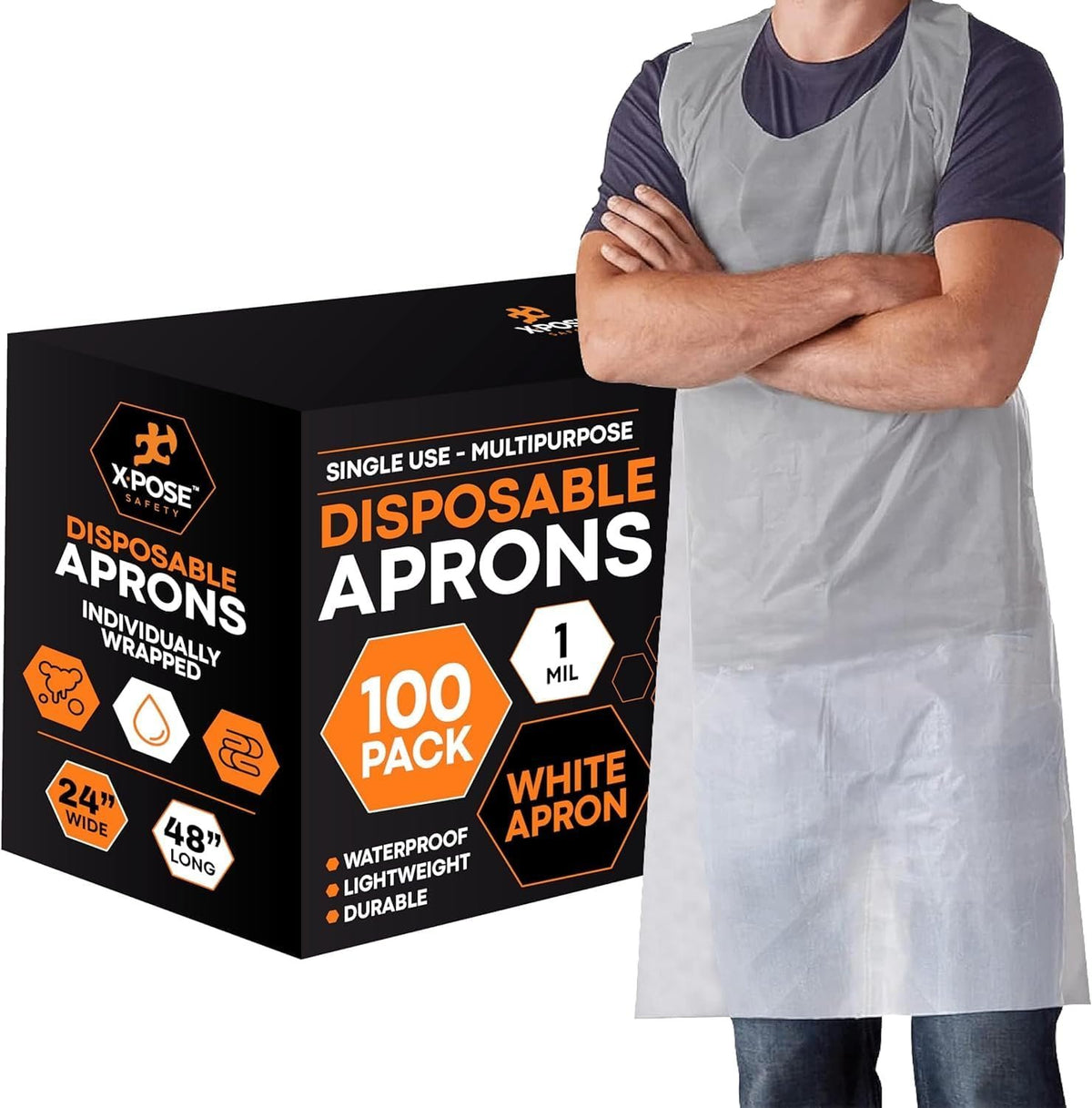 Xpose Safety 100 Pack White Disposable Aprons, Individually Wrapped Waterproof Polyethylene for Cooking, Food Prep and Cleaning, 1 Mil Durable, 24" x 48"