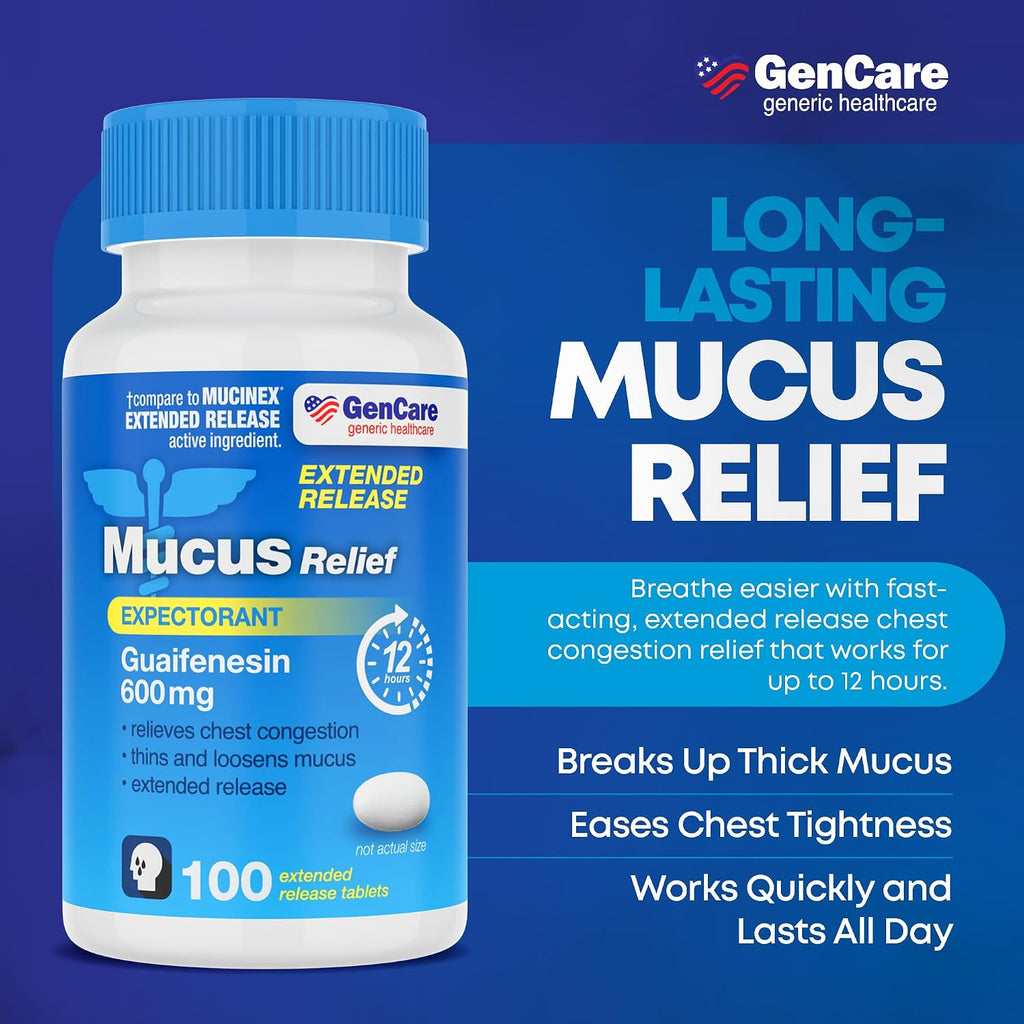 GenCare Mucus Relief Guaifenesin 600mg Extended-Release, 100 Ct | Compares to Mucinex; 12-hour expectorant relief for chest congestion & cough, thins and loosens mucus fast