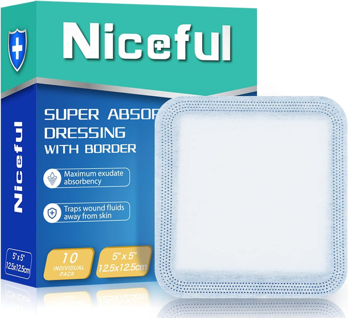 Niceful Super Absorbent Wound Dressing 5" x 5" (10 Pcs) – Sterile Non Stick Gauze Pads for Wound Care, Heavy Exudate Large Bandages for Pressure Ulcers, Bedsores, Diabetic Foot Ulcers