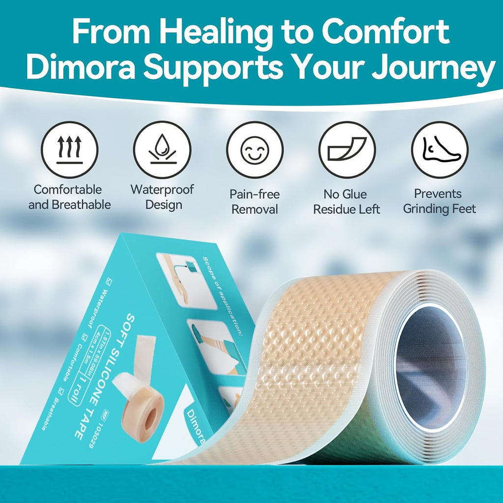 Dimora Silicone Tape 1 Roll, 1.6 x 59 Inch | Hypoallergenic, For Sensitive Skin, Pain-Free Removal, Easy Tear Precut, Waterproof