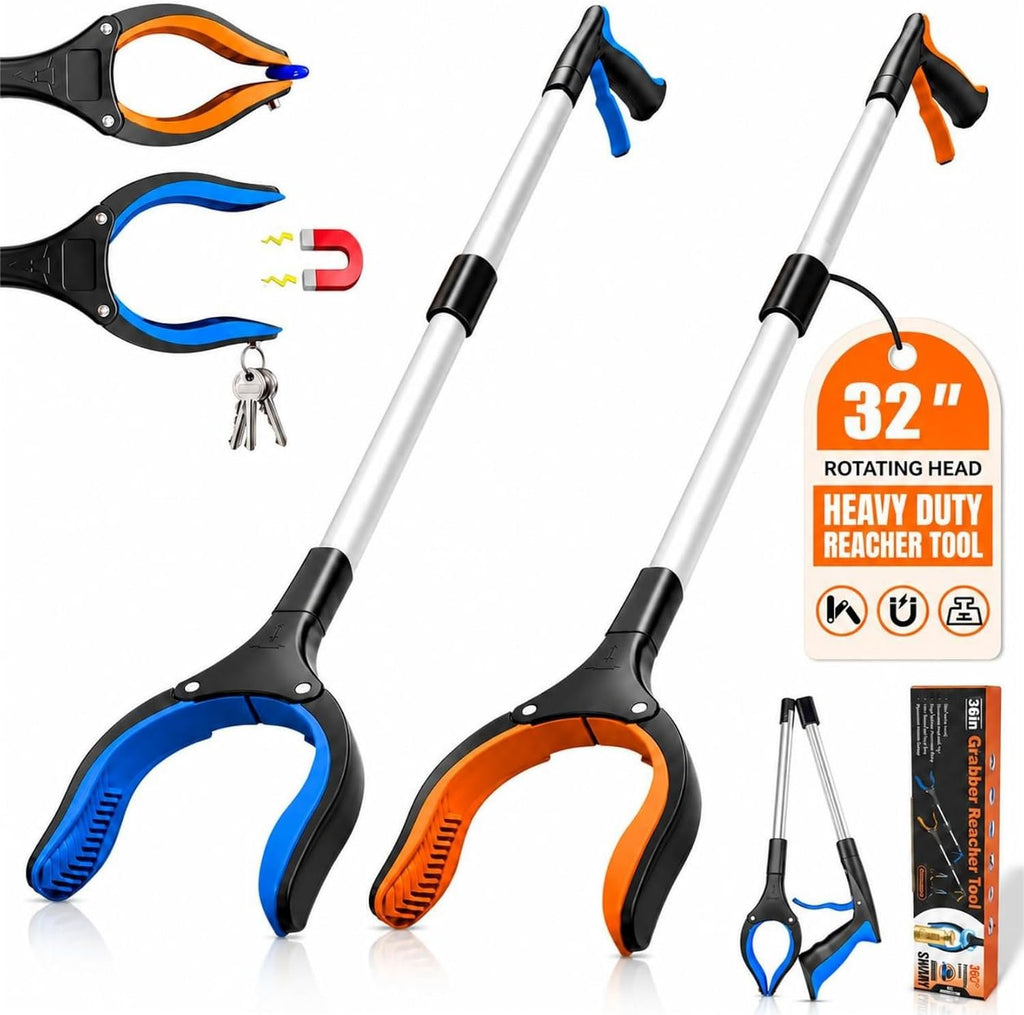 32" Grabber Reacher Tool, LEGENDONE 2-Pack Long Foldable Reaching Pickup Tool for Senior, Wide Claw Trash Picker Stick, Surgery Recovery Must Haves Gifts, 360° Rotating Jaw| Anti-Slip| Magnetic Tip