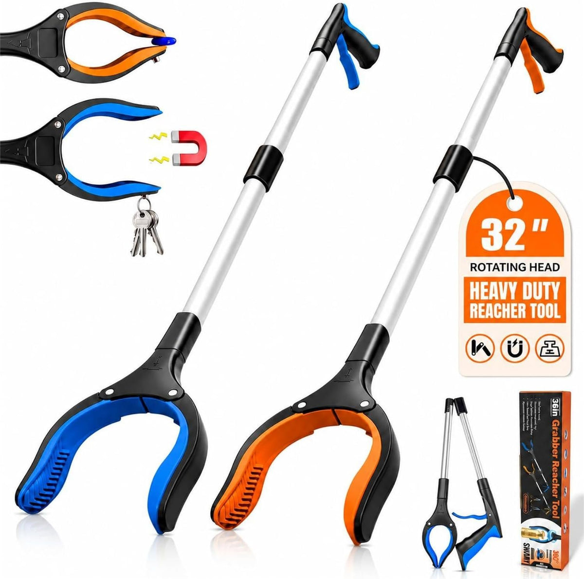 32" Grabber Reacher Tool, LEGENDONE 2-Pack Long Foldable Reaching Pickup Tool for Senior, Wide Claw Trash Picker Stick, Surgery Recovery Must Haves Gifts, 360° Rotating Jaw| Anti-Slip| Magnetic Tip