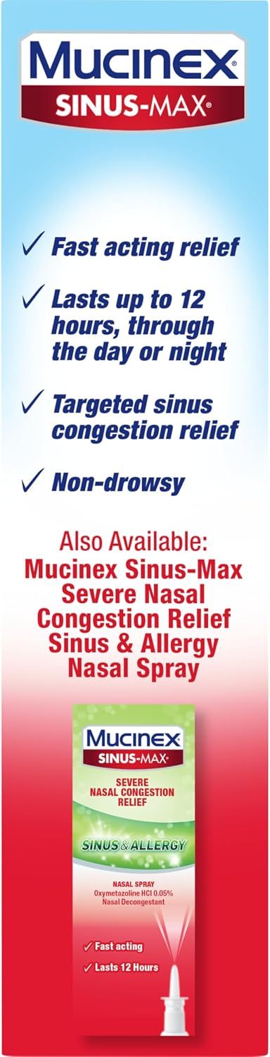 Mucinex Sinus-Max Nasal Spray Decongestant, 12 Hour Over-The-Counter Medication Nose Spray for Sinus Relief, Nasal Decongestants for Adults & Sinus Congestion, Clear & Cool 3/4 Fl Oz(22ML)