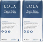LOLA Organic Cotton Postpartum Pads - Max Absorbency Pads for Postpartum Bleeding - Extra-Long Overnight Liners for Women - Hospital Bag Essentials - 32 Count, Unscented