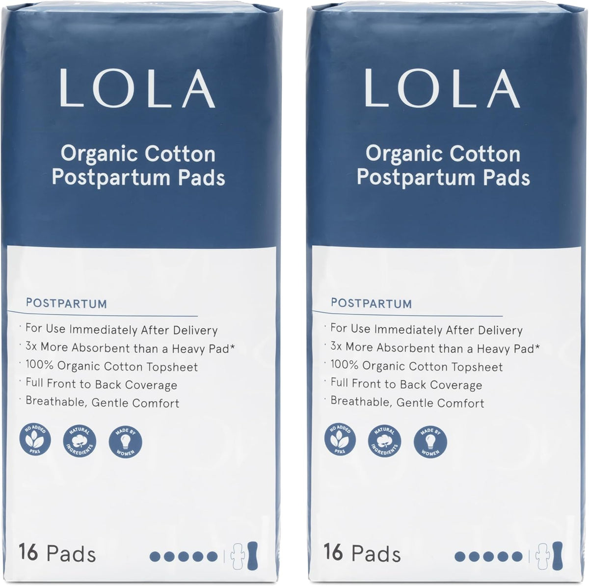 LOLA Organic Cotton Postpartum Pads - Max Absorbency Pads for Postpartum Bleeding - Extra-Long Overnight Liners for Women - Hospital Bag Essentials - 32 Count, Unscented