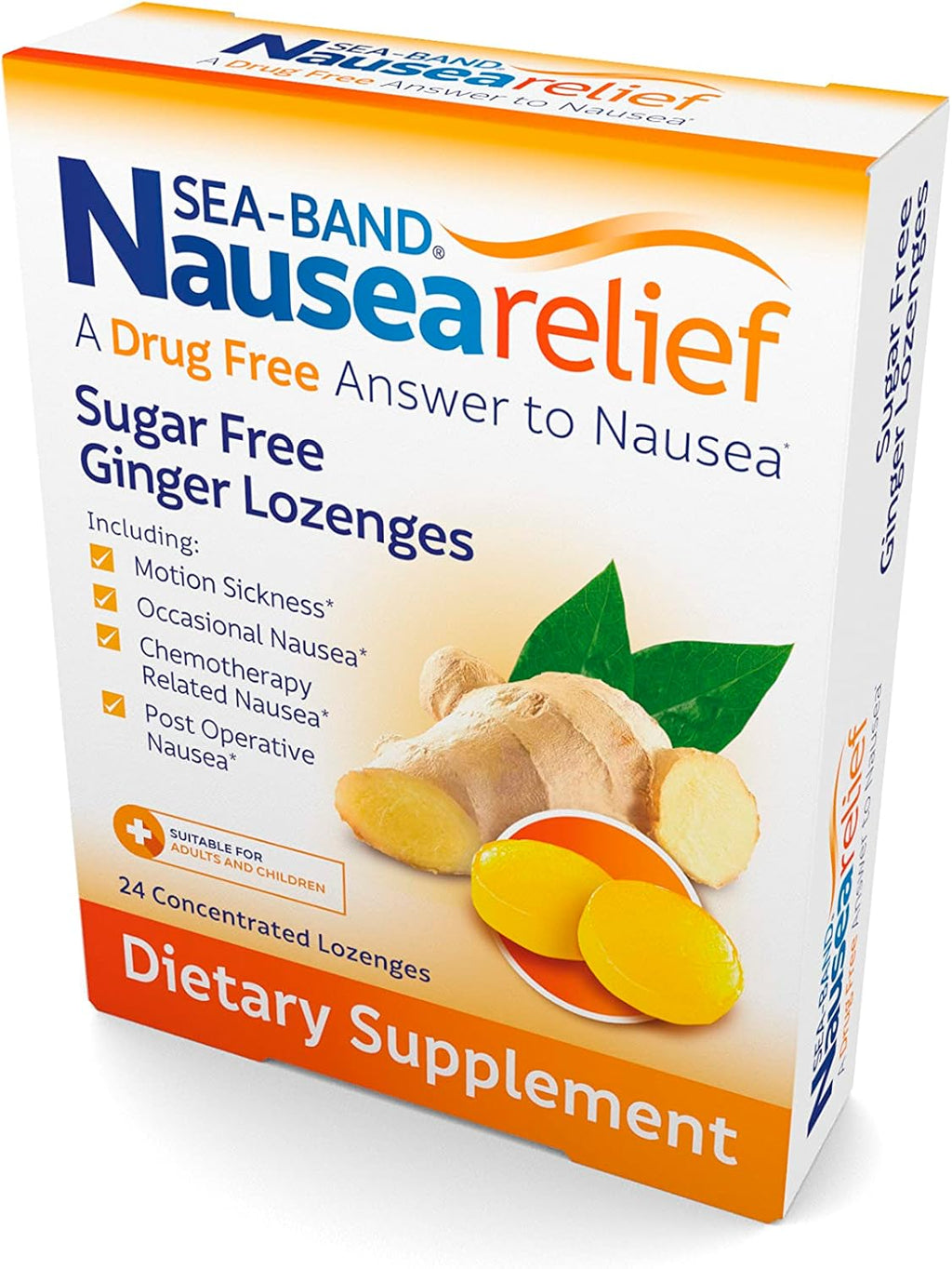 Sea-Band Sugar Free Ginger Travel Lozenges for Motion Sickness 24 Pieces | Morning sickness relief, drug free, HSA/FSA approved, 24 lozenges, sugar free