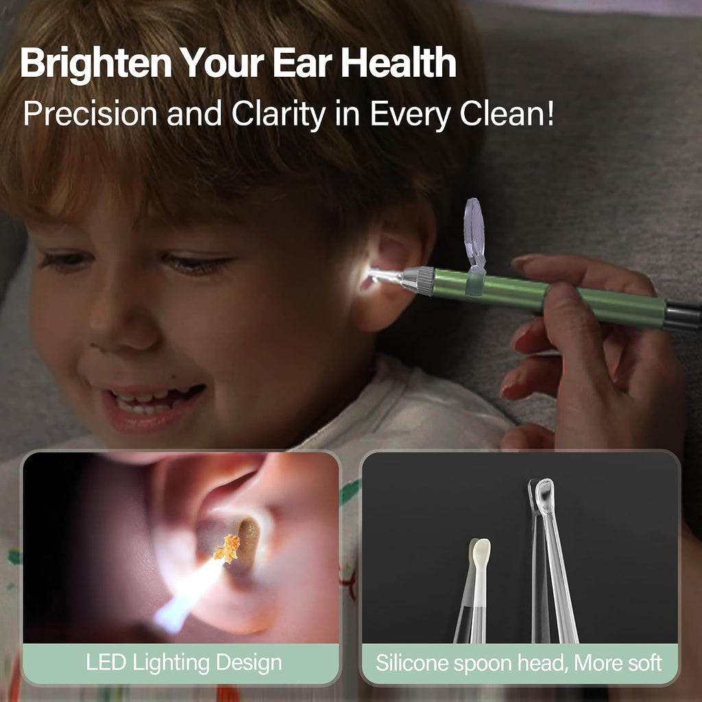 15 Pack Ear Wax Removal Tool Kit with Light - LED Ear Cleaning Kit, Ear Wax Removal for Kids and Adults, Ear Cleaning Tool, Ear Picker Spoon & Ear Tweezers & Spiral Spring Ear Spoon Green