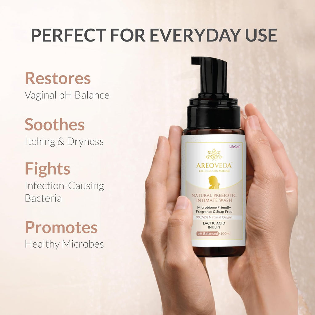 AreoVeda Natural Prebiotic Intimate Wash With Lactic Acid & Inulin | Helps Maintain pH Balance | Promotes A Healthy Skin Microbiome | Safe For Pregnancy| Lab Tested, Ecocert Certified, & EWG Verified (100ml)
