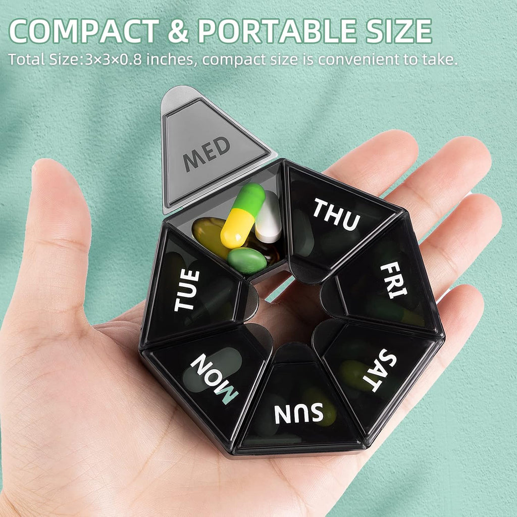 Weekly Pill Organizer, 2 Pack Portable Travel Pill Box, 7 Day Pill Case | Easy Open, BPA-Free, Arthritis Friendly Medicine Pill Container, Medicine Case for Vitamins,Supplements Medications, Black