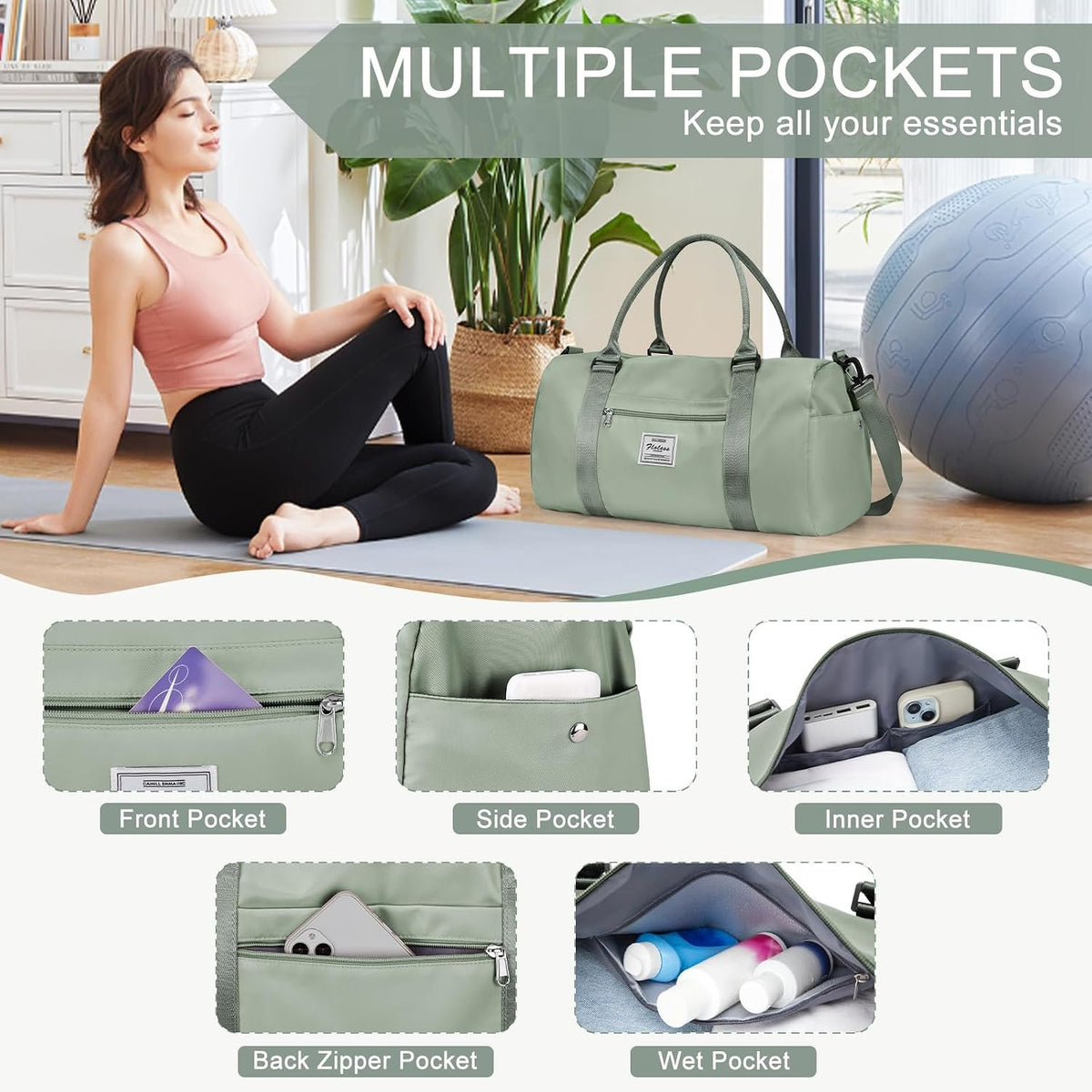 Gym Bags for Women Men with Shoes Compartment,Sports Duffle Bags Personal item travel Duffel Tote Bag Small Carry on Weekender Overnight Bag Workout Dance Bags Hospital Holdalls Grey Green