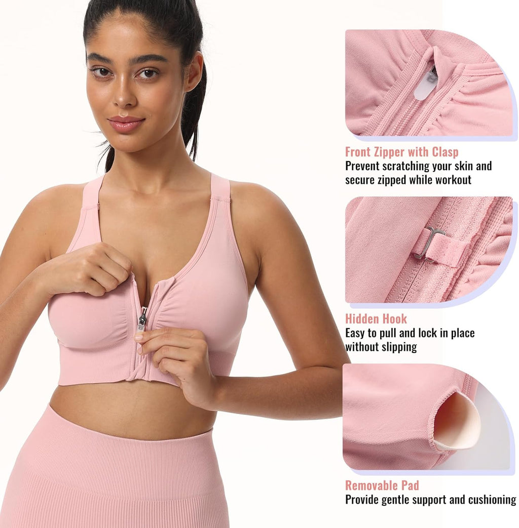 Zip Front Sports Bras for Women Adjustable Racerback Medium Support Bras Padded Post-Surgery Bras Seamless Yoga Athletic Bra