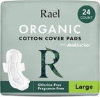 Rael Sanitary Pads for Women, Organic Cellulose Cotton Cover, Menstrual Pads with Wings, Feminine Care, Sanitary Napkins, Great Absorbency, Unscented (Large, 24 Pack)