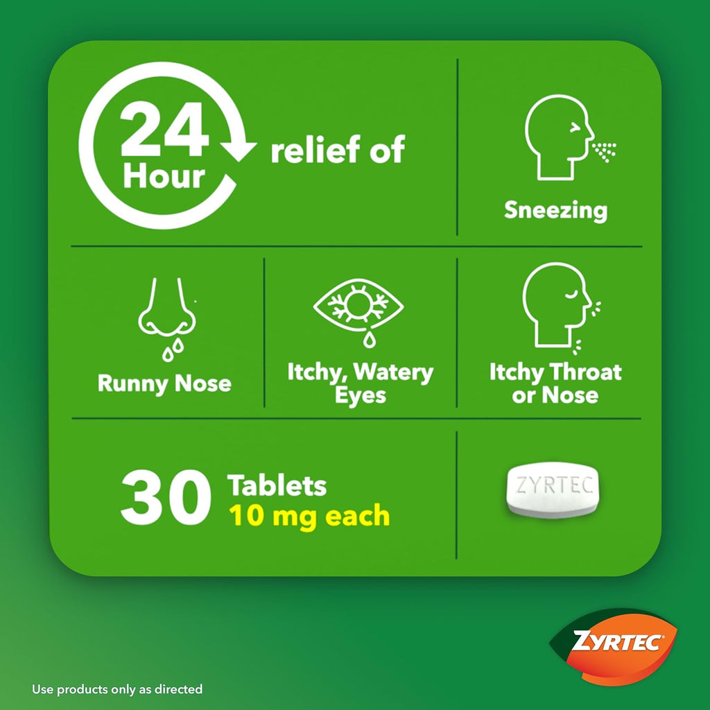 Zyrtec 24-Hour Allergy Relief Tablets, 30-Ct Size Plus 3x1-Count Packs | 10 mg Cetirizine HCl, Allergy Medicine, For Symptoms like Runny Nose, Sneezing, Itchy & Watery Eyes & Itchy Nose or Throat