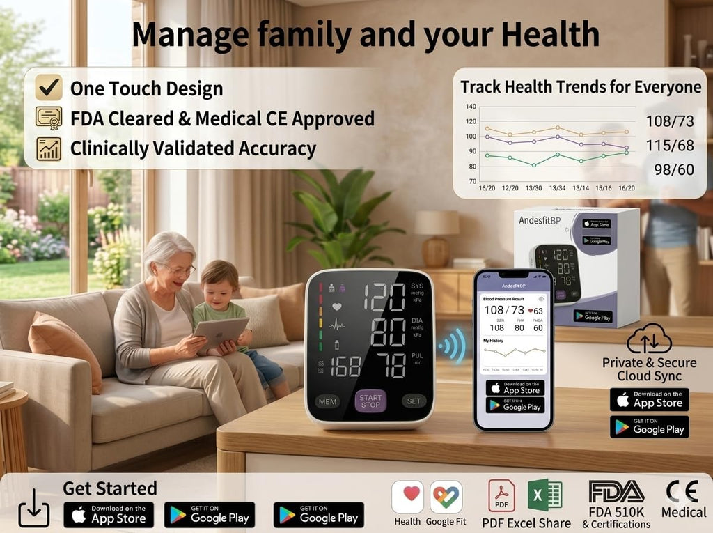 Upper Arm Blood Pressure Monitor for Home Use 17" Large & 21" XL Extra Large Cuff Big arm, Free APP Bluetooth Sync Apple Health Track Google Fit, Large Display Smart BP Machine for Seniors