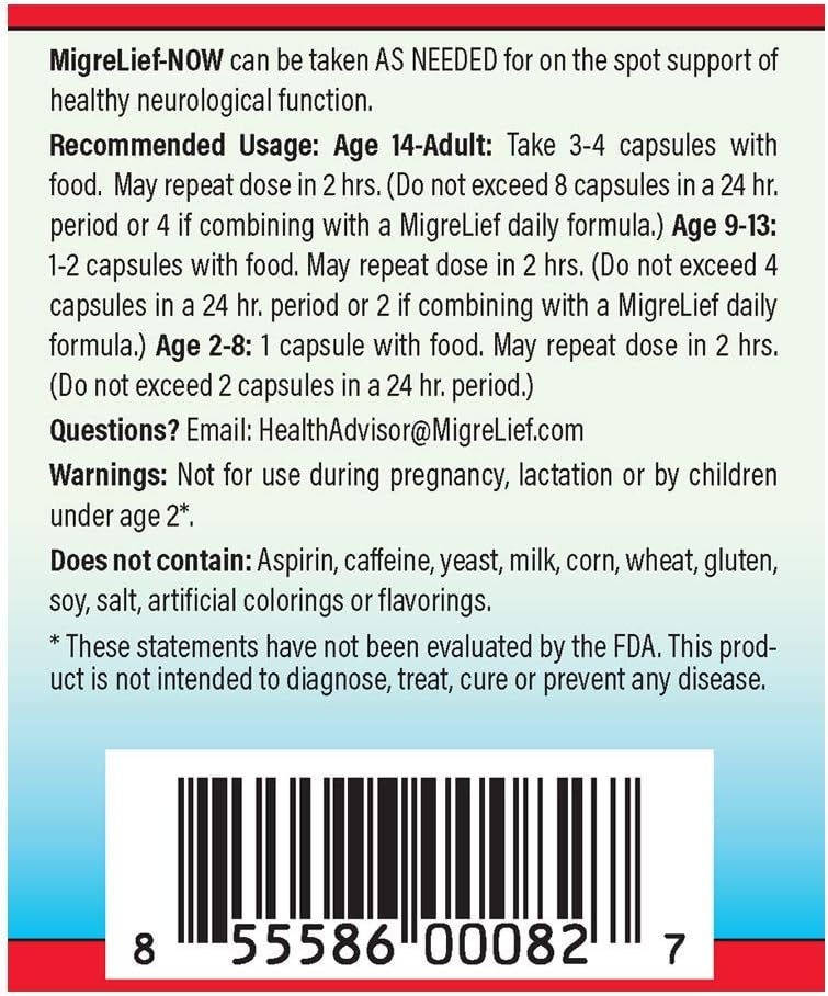 MigreLief-Now Fast-Acting Formula, As-Needed Nutritional Support for Migraine and Headache Sufferers - 60 Vegetarian Capsules