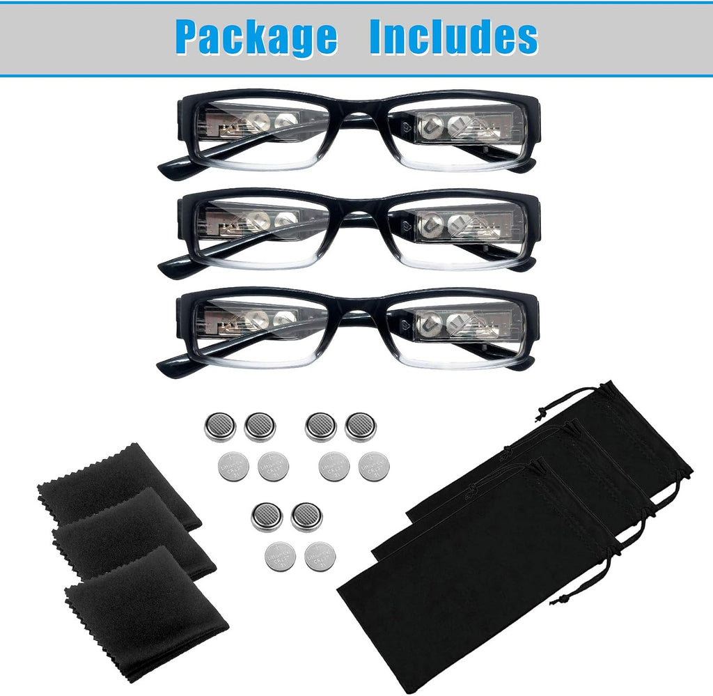 3 Pack Reading Glasses with Lights and Magnifier Reading Glasses with Lights in The Frame Bright Led Readers Magnifying Glass with Light for Men Women Led Readers Eyeglasses+1.5