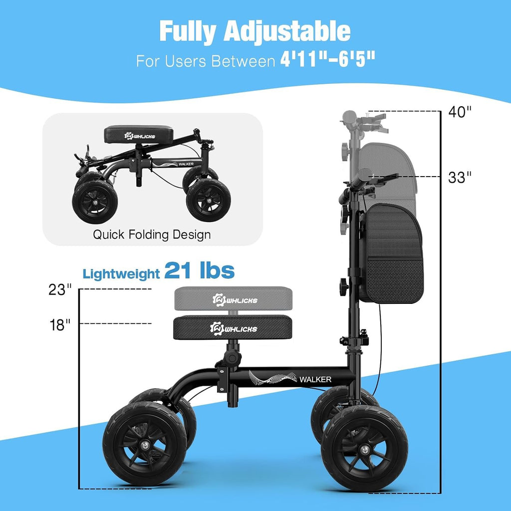 WHLICKS Foldable All Terrain Knee Scooter for Adults for Foot Injuries | Steerable Knee Walker with PU Wheels, Medical Knee Scooter for Broken Foot Injured, Lightweight Leg Scooter for Broken Ankle