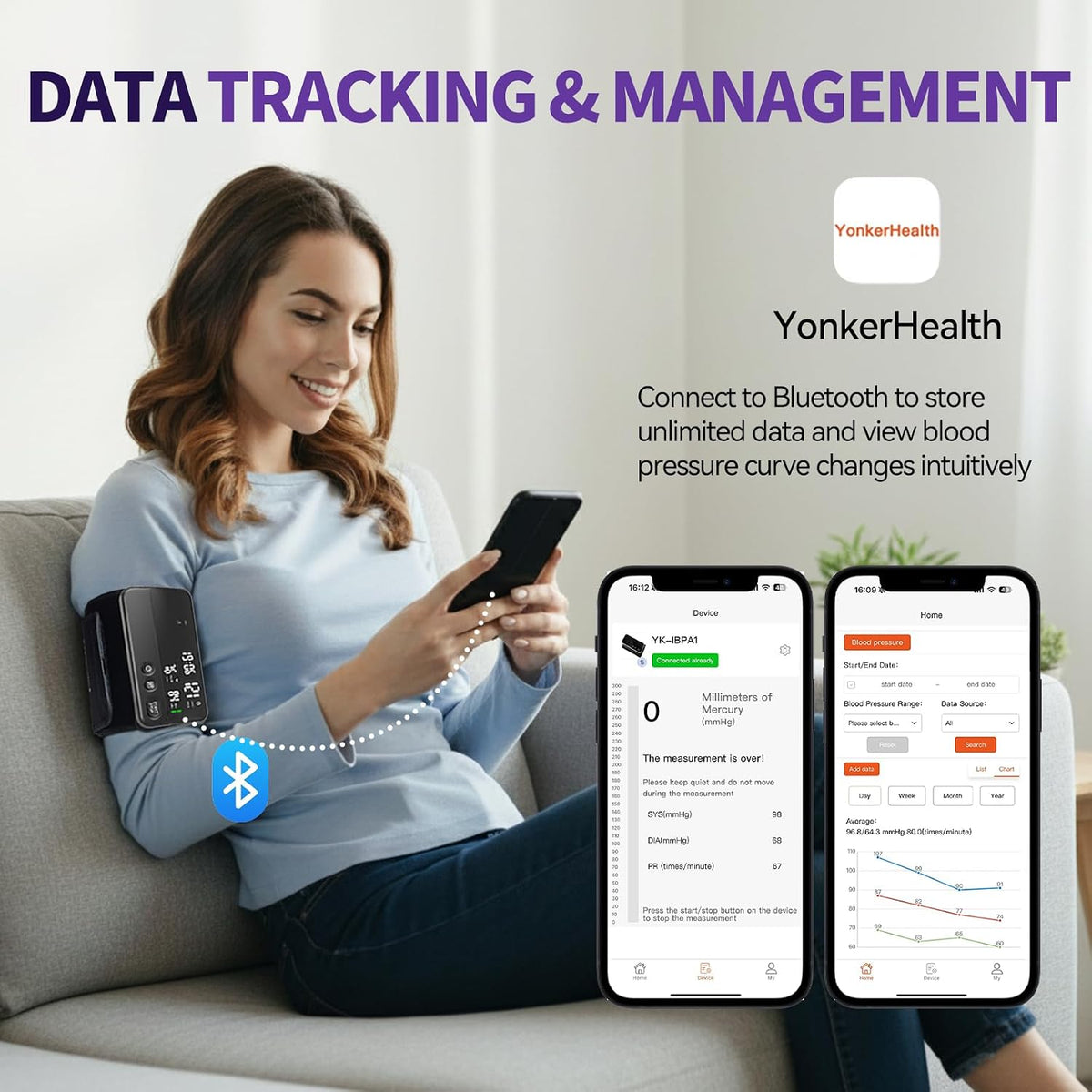Wireless Blood Pressure Monitor Upper Arm Bluetooth Blood Pressure Machine, Ultralight Portable Rechargeable Blood Pressure Monitor, App Enabled iOS/Android BP Machine Cuff