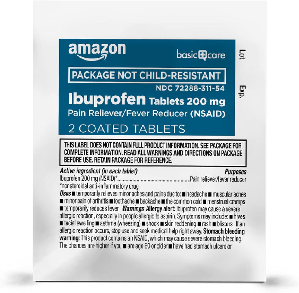 Amazon Basic Care Ibuprofen Tablets, 200 mg, Pain Reliever and Fever Reducer, For Headache, Muscular Aches, Arthritis, Backache, Menstrual Pain, 100 Count (Pack of 1)