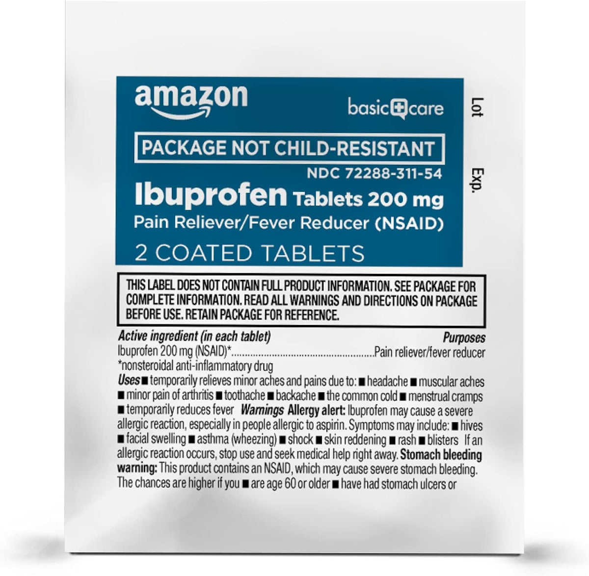 Amazon Basic Care Ibuprofen Tablets, 200 mg, Pain Reliever and Fever Reducer, For Headache, Muscular Aches, Arthritis, Backache, Menstrual Pain, 100 Count (Pack of 1)