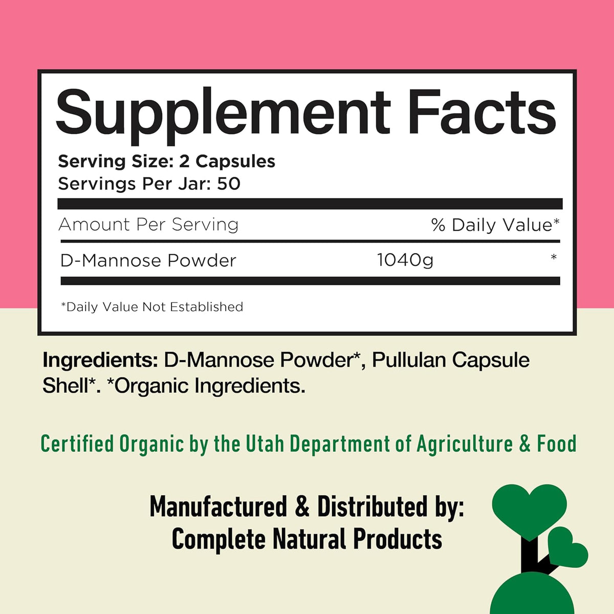 D Mannose 520mg Capsules - Organic D Mannose Supplement for UTI Support, Urinary Tract Bladder Health Pills, Plant Based Formula, Vegan Non GMO, No Fillers, 100 Capsule Count Made USA Certified Kosher