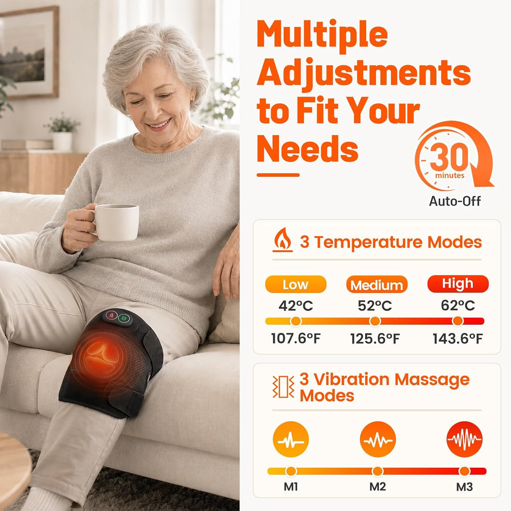 Knee Massager, Cordless Knee Heating Pad for Knee Pain Relief, Heated Knee Brace with Heat and Vibration Massage 30 Minutes Auto-off, Gifts for Seniors Women Men(Single)