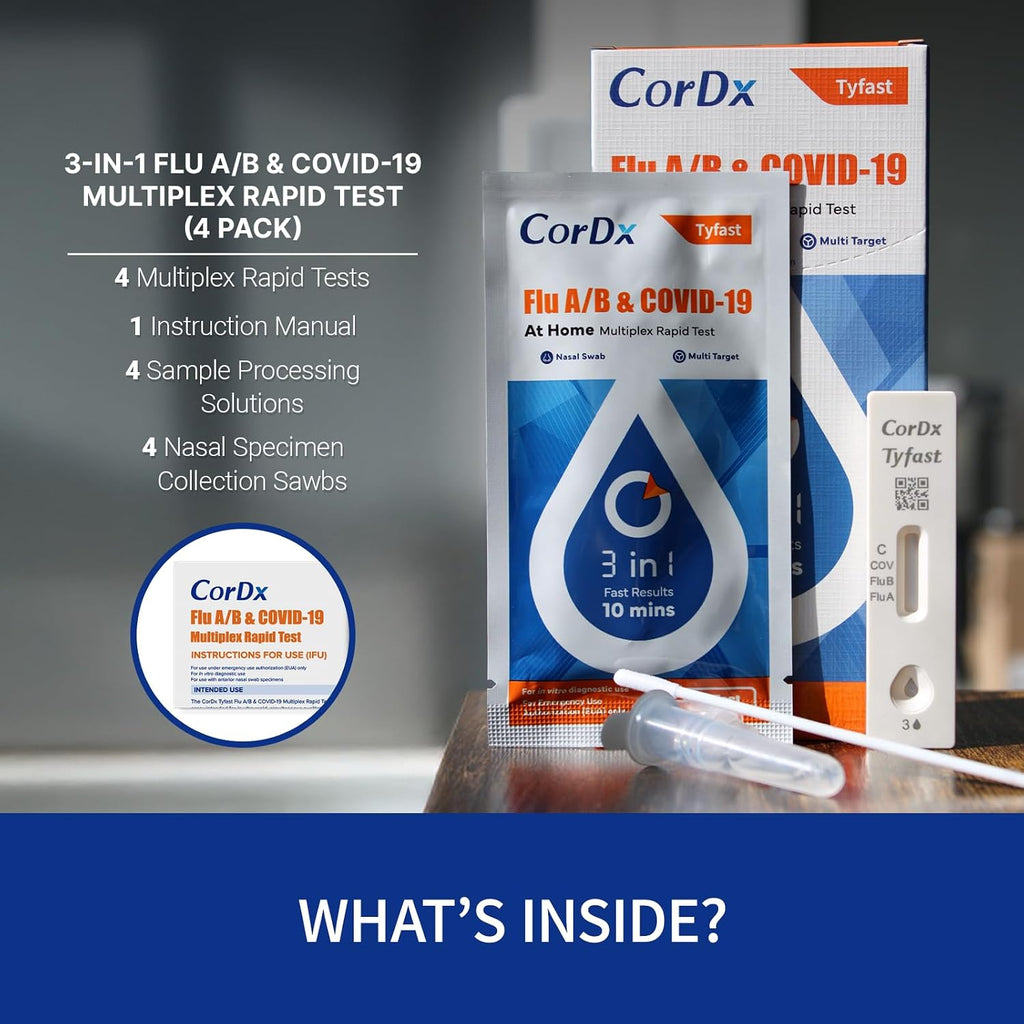 TyFast Flu A/B & COVID-19, At home 3-in-1 Rapid Test Kit, 4 Tests | Nasal Swab Self-Test, Easy-To-Use For Adults And Kids, EUA Authorized OTC, Results In About 10 Minutes