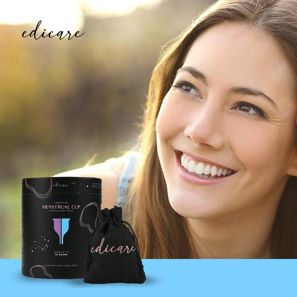 Edicare, Menstrual Cup, Includes Two Cups, 1 Sterilizer and a Carry Bag, Medical Grade Silicone, Soft, Reusable and Washable 100% Safe (L - Special Edition)