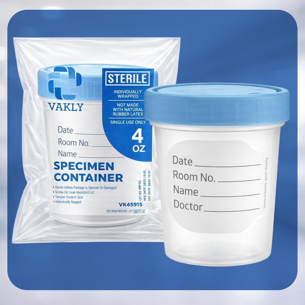 Vakly Sterile Specimen Cups 4 oz, Urine Collection Cups 3 Count | Individually bagged sterile cups with screw-on lids for urine collection, specimen testing, and secure sample handling