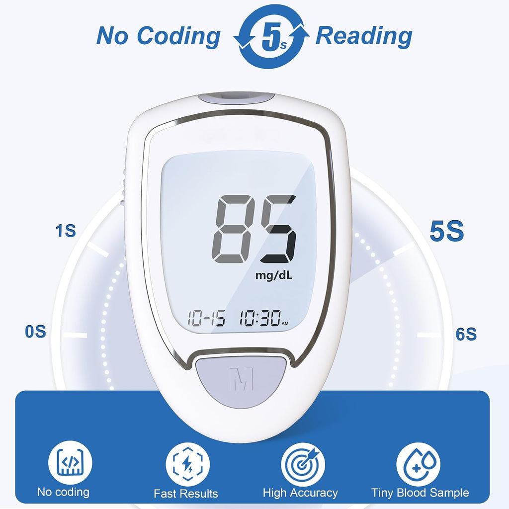 Glucose Monitor Kit, High Accuracy Blood Sugar Testing Kit with 100 Glucometer Strips & 100 Lancets, Larger-Screen Glucose Monitor with Lancing Devices, No Coding, Portable for Home or Travel