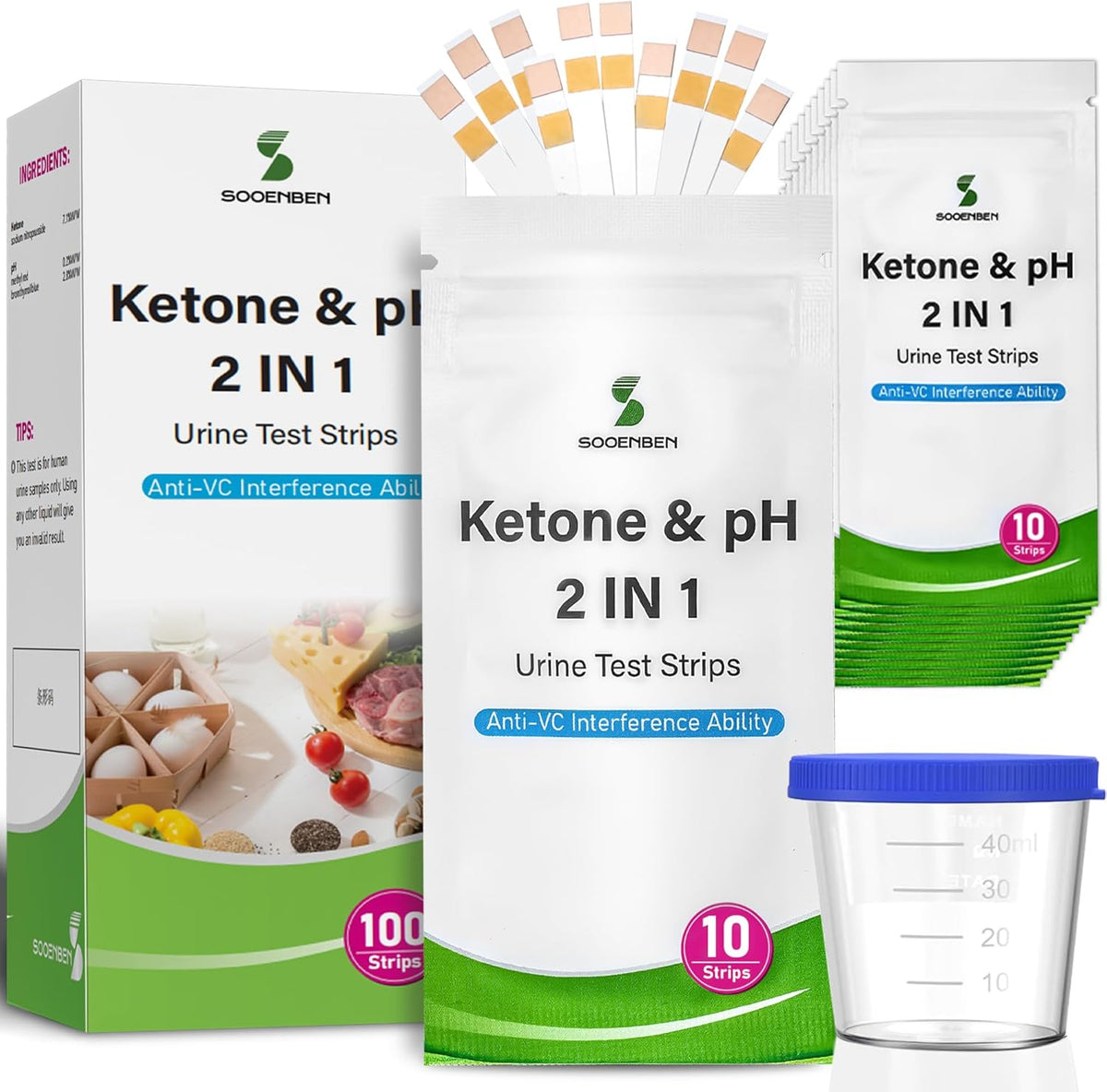 2-in-1 Ketone Test Strips, 100cts Keto and pH Strips Urine Test for Ketogenic & Low-Carb Diets with Urine Cup, Ketosis & pH Test Strips for Urine