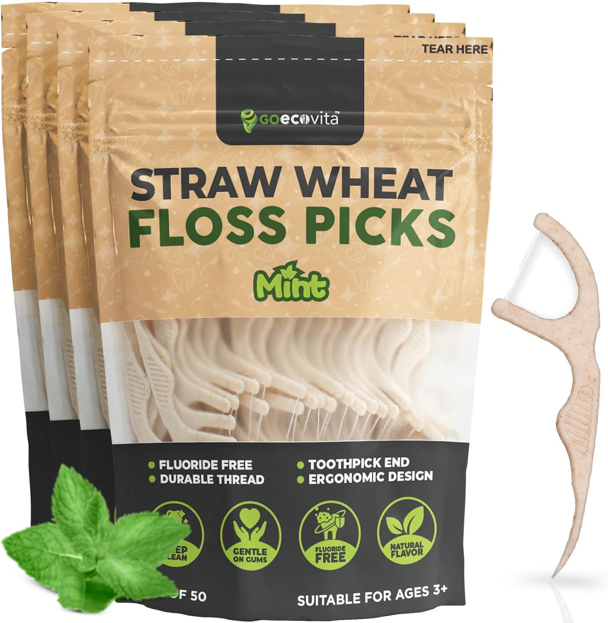 Dental Floss Picks - Straw Wheat Handle Flossers | Thin & Shred-Resistant Thread for Tight Gaps | Flossers for Adults | Gentle on Gums & Teeth | Gluten-Free & Vegan (200 Pack, Mint)