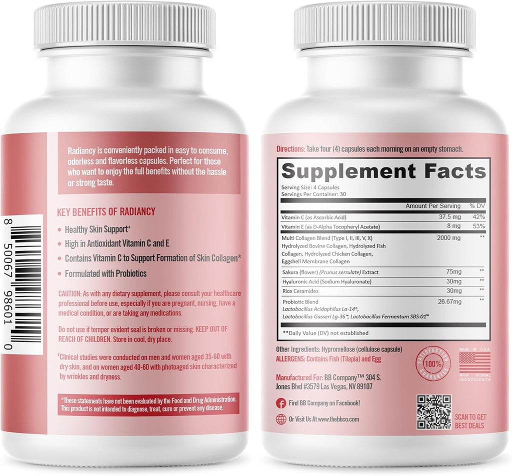 BB Company Radiancy | Vaginal Probiotics for Vaginal Dryness, pH Balance | Fights Itch, Odor | Anti-Aging | Hyaluronic Acid, Probiotics, Vitamin C, Multi Collagen | 120 Ct